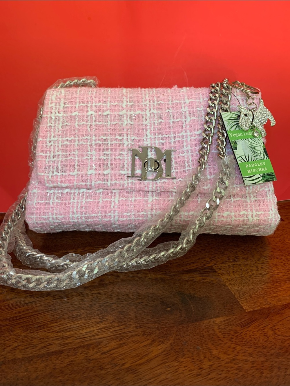Badgley Mischka Pink Tweed Chain Crossbody Bag with Silver Hardware